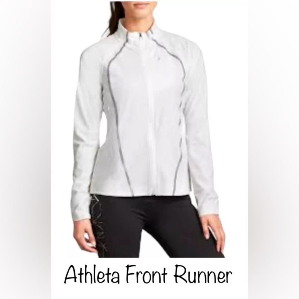 Athleta Front Runner Reflective White Jacket size Med- water resistant, vented